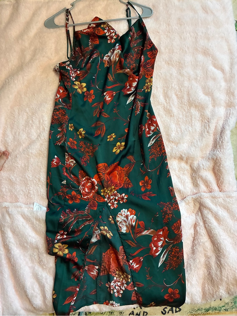 PrettyLittleThing Green Floral Slip Midi Dress with Rust Accents